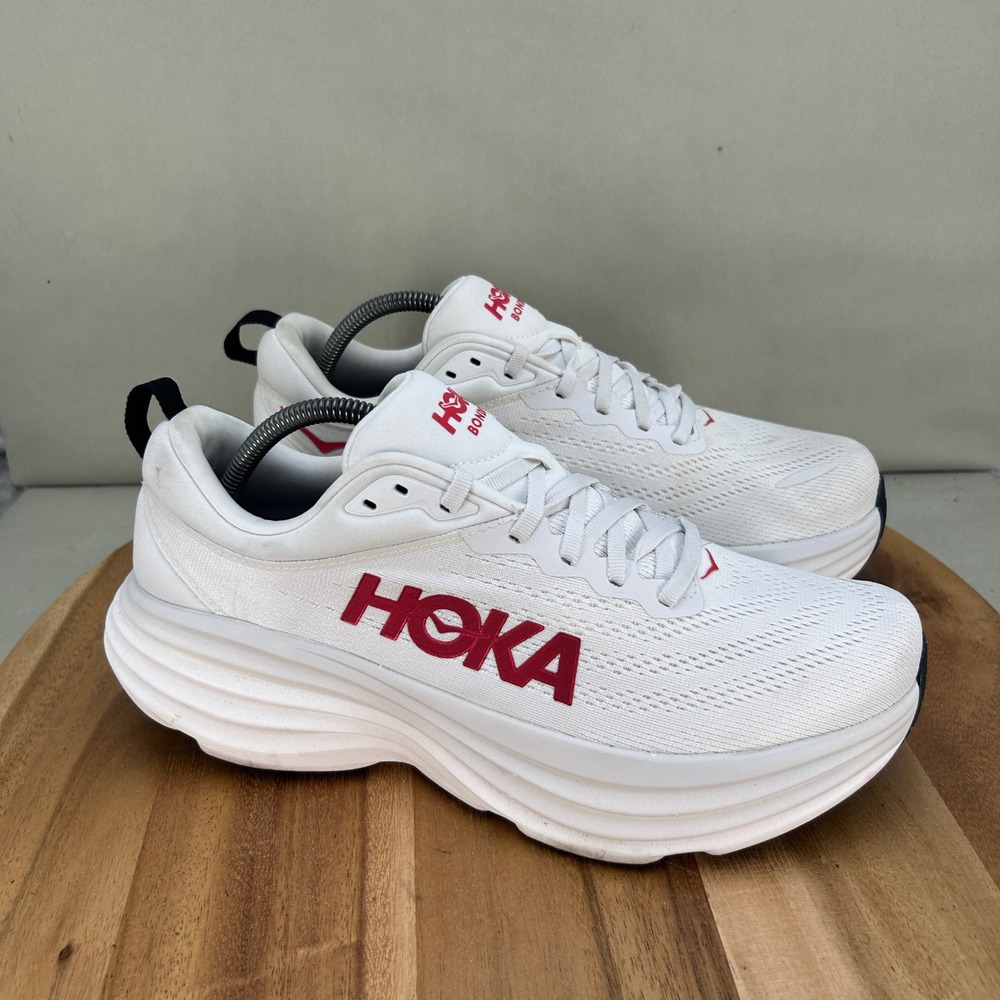 Hoka Bondi 8 Mens Running Shoes White Red Size 10.5 D Cushioned Comfort